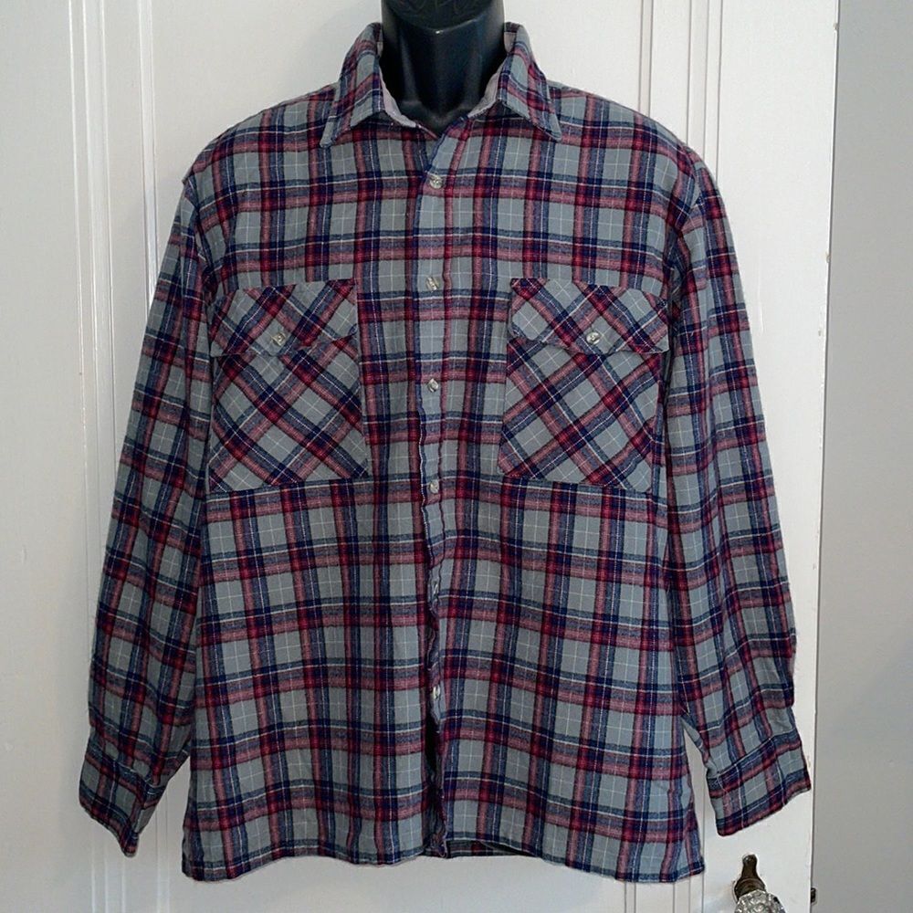 Vintage 80s/90s Backpacker gray,‎ blue & white plaid acrylic shirt/jacket